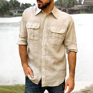 Camisa clásica de lino y algodón para hombre con solapa de doble bolsillo de manga larga-Tops casuales de moda para ropa masculina - Product Image 5