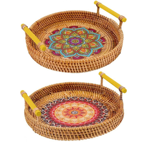Plateaux de service en rotin fabriqués à la main Plateau rond tissé Plateaux à pain aux fruits avec poignées Vente en gros du Vietnam - Product Image 2