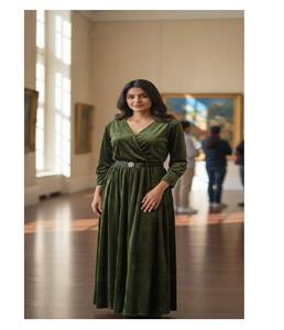 Premium Quality Woven Velvet <b>Dress</b> <b>for</b> Women with <b>Belted</b> Waist Washable A-Line Silhouette <b>for</b> Evening Parties - Product Image 4