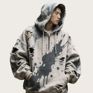 2025 coton à capuche personnalisé Boxy surdimensionné en détresse Vintage effet lavé automne impression bouffée 3D tissu à capuche pour hommes - Product Image 1