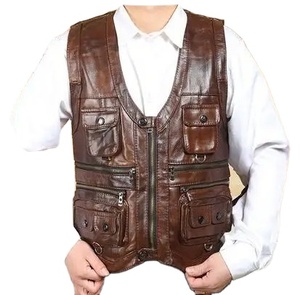 Gilet de moto en cuir véritable de vache respirant et épais pour l'hiver, sans manches, multi-poches, pour hommes - Product Image 1