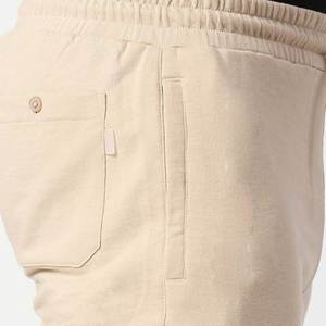 Shorts en coton beige pour homme avec broderie loup, logo personnalisé imprimé, taille à cordon de serrage, pantalon court décontracté - Product Image 5