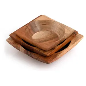 Acacia Wood Nesting Square Set 3 Serving Bowl Wooden Bowl Set for Prep Salad Snack Nuts Dip Sauce Tableware Wooden Nest Bowl