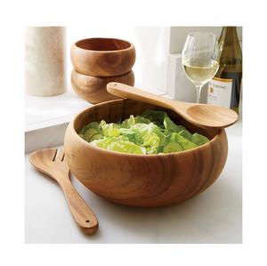 Bol de service en bois ondulé pour salade de fruits avec ustensiles faits à la main, accessoire de vaisselle en bois naturel durable et élégant - Product Image 6