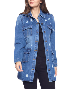 "Veste en jean longue pour femme | Manteau en jean déchiré à la mode avec poches Vêtements d'extérieur décontractés en denim surdimensionnés Veste en jean boutonnée élégante" - Product Image 1