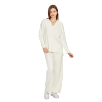 Conjunto de Suéter de Punto con Cuello en V para Mujer, Corte Holgado, Color Sólido, Pantalones Largos, Informal, Transpirable, de Algodón, para Todas las Temporadas