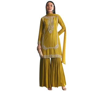 Abito in seta senape Kurta Sharara con paillettes e ricamo Cutdana per matrimoni all'ingrosso ricevimenti Sangeet e OEM etnico - Product Image 1