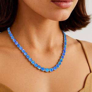 Collar de Tenis con Gema Ovalada de Ópalo Etíope Azul Genuino, Plata de Ley 925, Chapado en Oro de 14k, Certificado IGI, para Niños y Mamá - Product Image 4