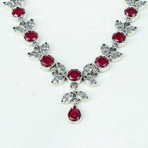 Ayushi 925 Silver <b>Necklace</b> Set & Earrings Semiprecious Delicate <b>Ruby</b> & Zircon Flower Petal for Weddings - Product Image 5