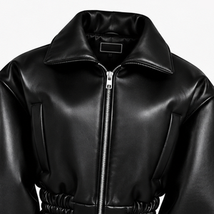 Black Faux Leather Cropped Bomber <b>Jacket</b> for <b>Women</b> Puff Sleeves Elastic Waist <b>Zip</b> <b>up</b> Winter Outerwear - Product Image 6