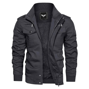 แจ็คเก็ตบอมเบอร์ขนแกะกระดุมแถวเดียวสำหรับผู้ชายเสื้อกันลมมีกระเป๋าหลายกระเป๋าให้ความอบอุ่นในฤดูใบไม้ร่วงและฤดูหนาว - Product Image 2