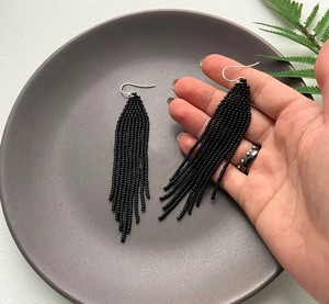 Premium Quality Matte <b>Black</b> <b>Dangle</b> <b>Earrings</b> - Long Beaded Fringe <b>Earrings</b> - Product Image 2