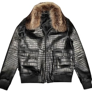 Chaqueta Bomber Premium de Cuero con Estampado de Cocodrilo Negro y Cuello de Piel, Chaqueta de Invierno Unisex con Cremallera y Estampado Animal - Product Image 1