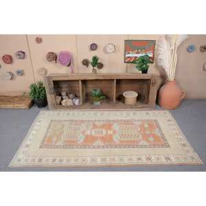 <b>Vintage</b> Turkish <b>Rug</b> 3.9x7.1ft Orange Beige Flat Weave Wool Patchwork Pattern for Living Room Hallway Decorations Latex Backing - Product Image 4