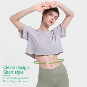Femmes été ample haut court couleur unie respirant Yoga course sport recadrée t-shirt écologique personnalisable vêtements de rue - Product Image 5