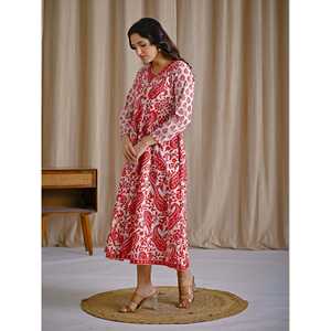 Vestido Anarkali de Algodón Estampado a Mano en Blanco y Rojo, Ropa Americana - Product Image 4