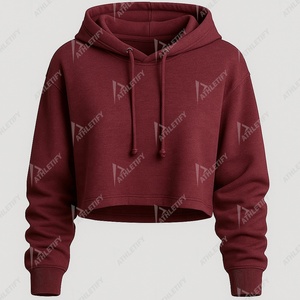 Sweat-shirt à capuche court en coton mélangé pour femme, ample, doux, décontracté, confortable, uni, court, tricoté, différentes couleurs. - Product Image 3