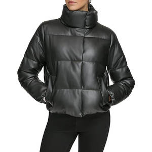 Trendy <b>Women</b> Short Faux-Leather Puffer Jacket <b>Lightweight</b> Quilted Winter <b>Coat</b> Warm Outerwear with Stand Collar Zipper Closure - Product Image 6