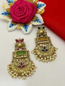 Jhumkas Bông tai polki truyền thống với ngọc trai cho phụ nữ cưới mặc Vàng cổ truyền thống nhìn dài bông tai với giai điệu vàng - Product Image 4