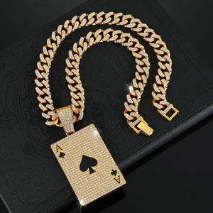 Collar de Lujo con Colgante de As de Espadas con Incrustaciones de Circonitas y Baño de Rodio, Cadena Cubana Dorada, Collar Hip Hop de Moissanita - Joyería para Regalo y Fiesta - Product Image 2