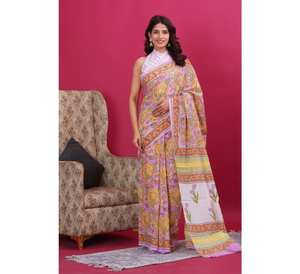 Sari estampado a mano de Malmal estilo Bollywood para mujer, algodón suave para festivales indios, fiestas de verano, ropa de fiesta de Pakistán - Product Image 3