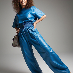 กางเกงสตรีทเอวสูงทำจากหนัง PU, กางเกงเอวสูงสำหรับกิจกรรมกลางแจ้งกางเกงหนัง PU มีกระดุมสำหรับผู้หญิง - Product Image 4