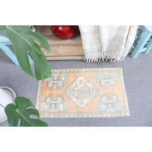 Tapis turc en laine 1,5x2,5 pi, orange, patchwork Ikat, avec envers en latex, écologique, traditionnel, vintage, pour la maison et la salle à manger - Product Image 1