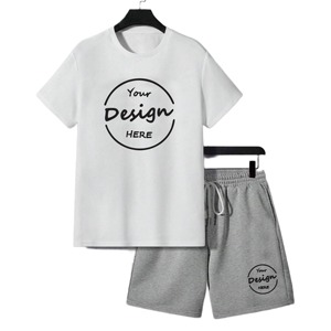 T-shirt grande taille imprimé DTG graphique de haute qualité de couleur contrastée avec short T-shirt et short en coton épais à épaules tombantes - Product Image 3