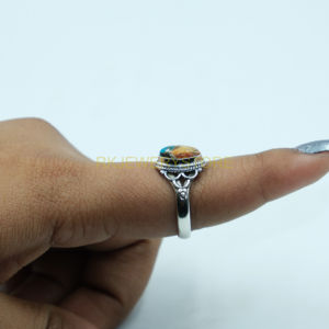 Anillo de Filigrana de Turquesa y Cobre con Espinas de Ostra Naranja Multicolor Natural Hecho a Mano, Joyería de Plata de Ley Estilo Vintage al por Mayor - Product Image 3