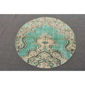 Alfombra de lana verde y beige tradicional hecha a mano, diseño de retazos de 4,2x4,2 pies, sala de estar látex para, dormitorio, pasillo, alfombras rectangulares turcas - Product Image 1