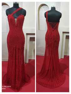 ชุดราตรีหรูทรงเอไลน์สีแดงปักลูกปัดด้วยคริสตัลปักลายดอกไม้ผ้าแคชเมียร์ด้านหน้า - Product Image 6