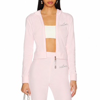 Ensemble de survêtement velours personnalisé pour femme, rose pâle, avec pantalon court et sweat à capuche zippé, poches au-dessus du genou, coupe droite, 2 pièces, sportif, hiver, ODM