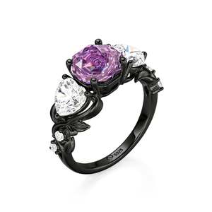 Bague de mariage Jeulia Midsummer Night Leaf à trois pierres, coupe rose violette, plaquée rhodium, style tendance - Product Image 2