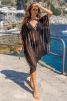 Robe de plage longue en soie noire à manches longues, style bohème, pour soirée cocktail, avec un imprimé tie-dye fait main, de luxe, pour les vacances