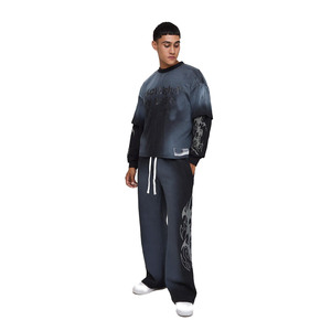 Conjunto de chándal de calle con degradado lavado para hombre, conjunto gráfico de dos piezas de gran tamaño, Top en capas de manga larga, ropa personalizada OEM - Product Image 1