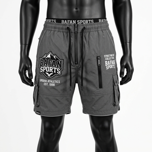 High quality 120 GSM polyester <b>windbreaker</b> shorts men dark grey athletic cargo pocket shorts print logo Nylon Plain Dyed - Product Image 5