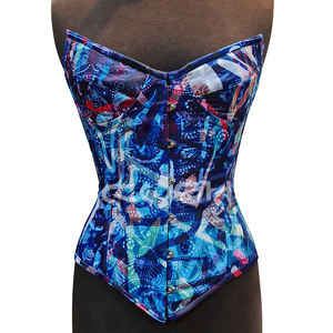 Corsé vintage de satén azul con estampado azteca, con copas con aros, varillas de acero y cierre frontal tipo busk. - Product Image 5