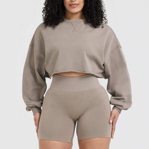 Offre Spéciale acide lavage à manches longues haut tricoté plaine ample col rond sweat Sexy femmes Streetwear recadrée sweats à capuche - Product Image 5