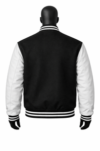 แจ็คเก็ตวาร์ซิตี้สีดำขาวแบบกำหนดเอง แจ็คเก็ตเลตเตอร์แมนผ้าขนสัตว์ผสม แจ็คเก็ตเบสบอลติดกระดุมแบบสแนป รับผลิตแบบ OEM แบรนด์ส่วนตัว ขายส่ง - Product Image 2