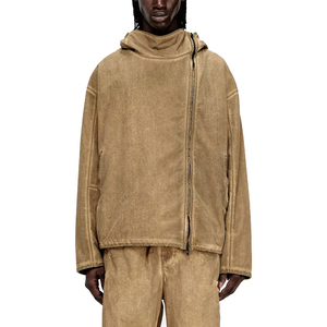 Veste décontractée vintage à coupe ample pour homme, jaune, délavée, à capuche, asymétrique, avec fermeture éclair bidirectionnelle et une seule poche - Product Image 1