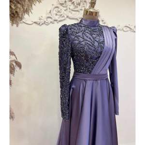 Vestido de Noche Moderno y Elegante Color Amatista Medianoche, Satén y Chifón con Lentejuelas, Cintura Imperio, Decoración con Patrón Simple para Banquetes - Product Image 2