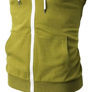 Cremallera frontal sin mangas de mezcla de algodón básico con bolsillos de canguro, cuello con capucha, ropa activa, sudadera de gimnasio de Color sólido para hombres - Product Image 3