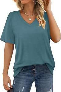 Venta al por mayor de camisetas de manga corta de color azul informal de verano para mujer, decoración bordada, estilo de lona transpirable con cuello en V - Product Image 3