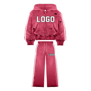 Survêtements imprimés avec logo personnalisé pour hommes, ensemble de pantalons de survêtement à capuche deux pièces vintage délavé pour hommes, survêtement à jambe large et fermeture éclair pour hommes - Product Image 2