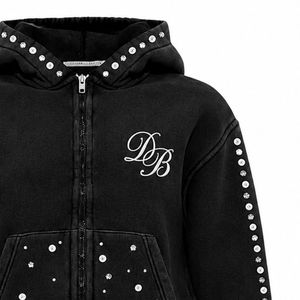 Unisex Black Washed Rhinestone Hooded Zip-Up Sweatshirt, Stylish Casual Y2K Cropped Hoodie <b>Jacket</b> with <b>Sparkling</b> Stud Details - Product Image 6