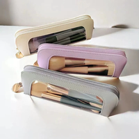 Mignon étui à crayons en cuir PU sac à cosmétiques transparent pochette de rangement pour pinceaux de maquillage avec fermeture éclair