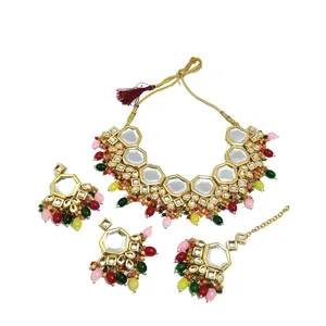 Ensemble de colliers en acier inoxydable à double couche multicolores Meenakari Kundan, bijoux fins vintage avec perle pour les mariages et les cadeaux - Product Image 5