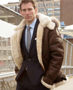 Blouson aviateur en cuir pour homme, style décontracté, en peau de mouton B3, avec doublure en sherpa et garniture en fourrure de raton laveur, capuche amovible, OEM - Product Image 3