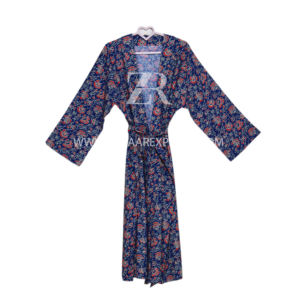 Orange Cotton <b>Kaftan</b> Kimono Robe V-Neck Loose Fit Nightgown Leaf Print Custom Design Belt Decorated ODM Supply Natural Waistline - Product Image 3