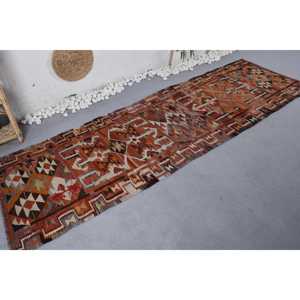 Tapis Kilim Vintage Marron Orange 2.8 X 9.2ft Classique Rectangle Motif Abstrait Laine Matériel Latex Support pour Salon Couloir - Product Image 2